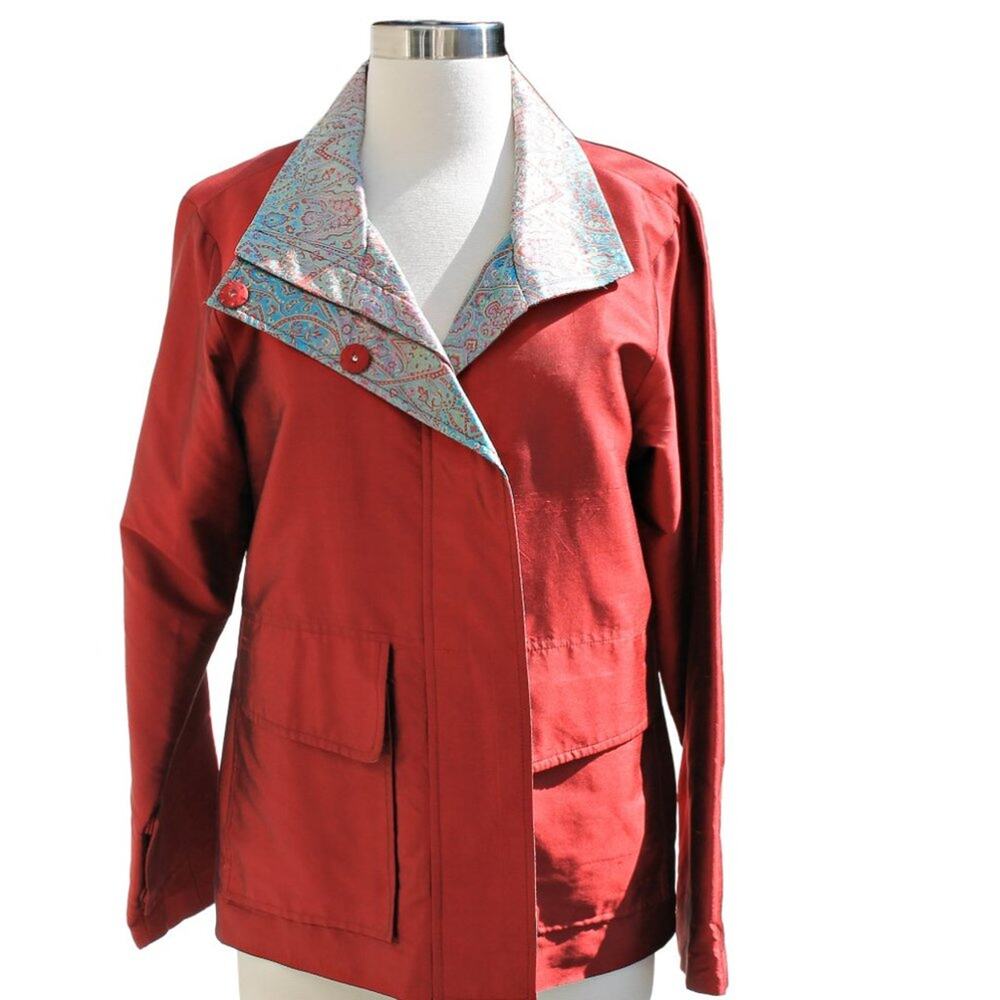 Kai Mira Women's Red Jacket Silk & Aqua Paisley Mixed Print Size Medium